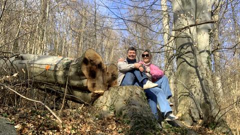 Dieter Voss und Britta Wiegand sitzen auf einem Baumstumpf im Bergpark Wilhelmshöhe in Kassel