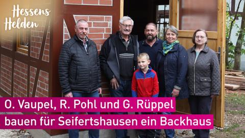 Hessens Helden 2022 - Ottmar Vaupel, Gerhard Rüppel, Reinhard Pohl, Andrea Vaupel, Gisela Stawinoga (alle Heimatverein Seifertshausen) und vorne Tom Müller. (v. l.)